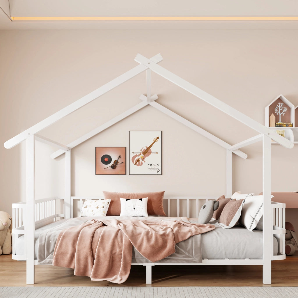 Letto per bambini 140 × 200 cm a forma di casa con barriera di sicurezza, senza materasso, in metallo, bianco
