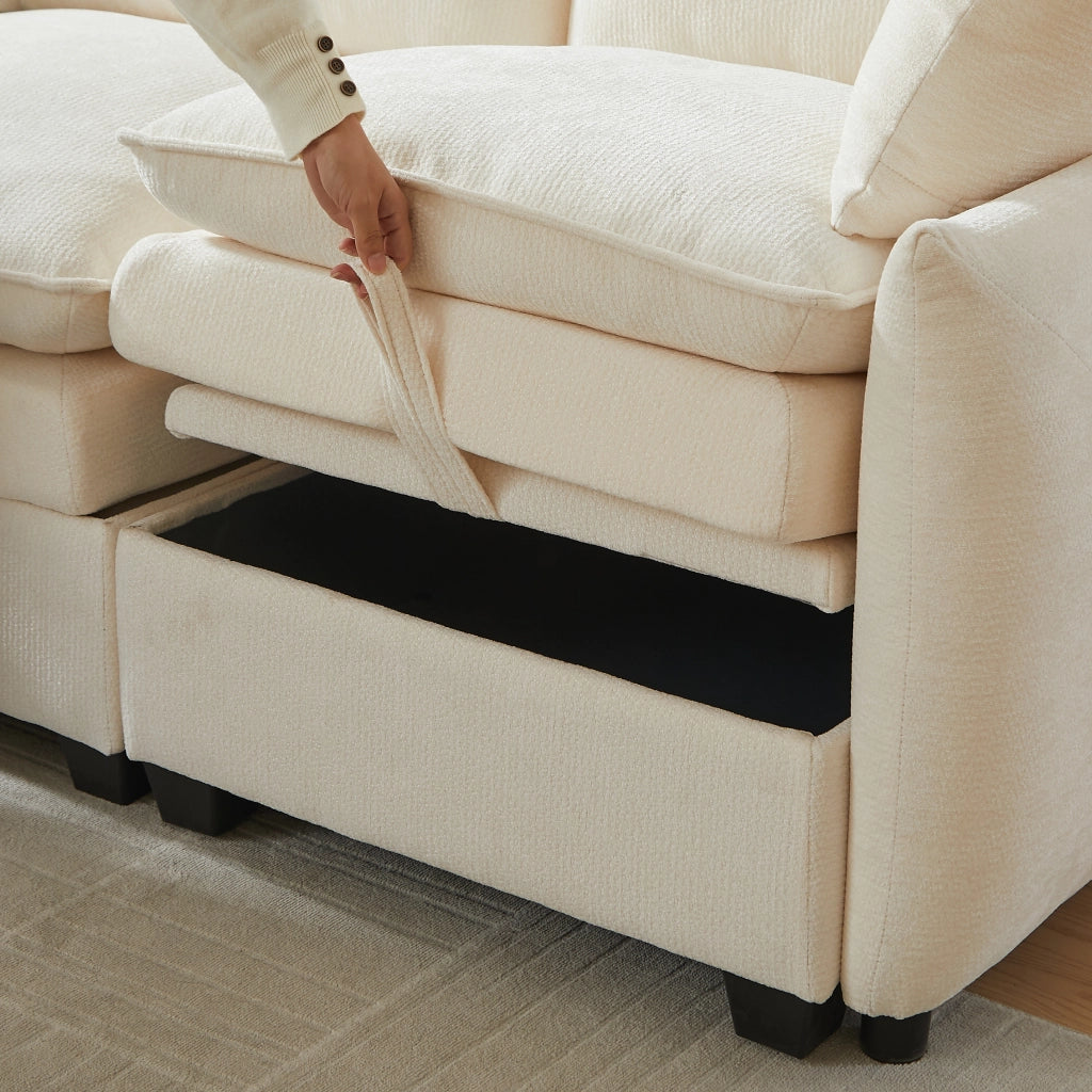 Divano U Modulare con Contenitore ¨C MINIMAL ¨C Velluto Chenille, Cuscini, Braccioli, Legno Massello
