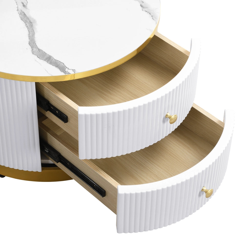 Set di tavolini da caffè 60x60x45.5 cm e 50x50x32 cm; effetto marmo lucido; 2 cassetti; MDF bianco