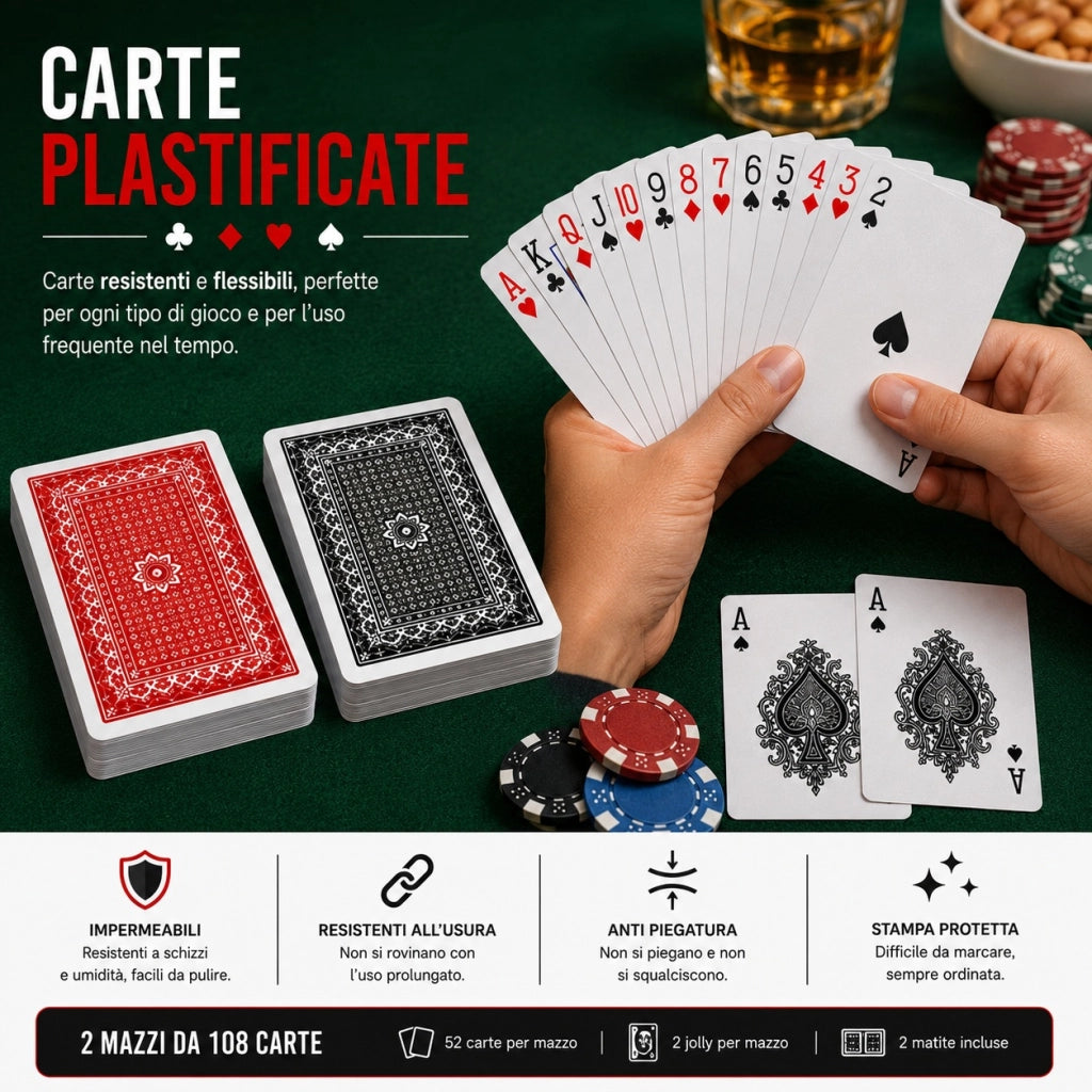 2 Mazzi Carte Francesi Plastificate 52 Carte + 2 Matte Rosso Nero