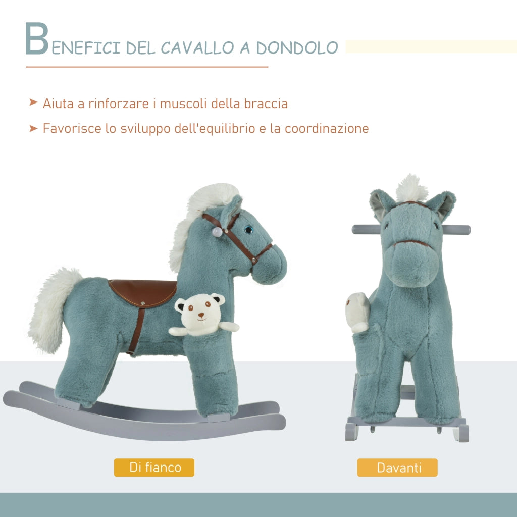 EasyComfort Cavallo a Dondolo per Bambini in Peluche e Legno con Suoni e Orsetto Incluso, per Bimbi da 18-36 Mesi, 65x26x55cm, Blu