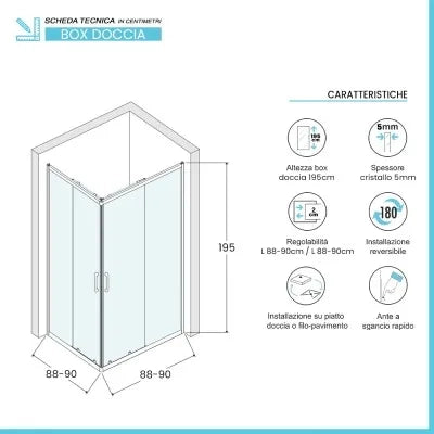Box doccia angolare 90x90 cm doppio scorrevole vetro stampato Tay