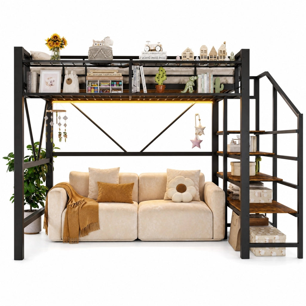Letto a soppalco 140x200 cm in metallo nero con scala contenitore e LED
