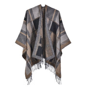 Sciarpa/mantello da donna con spacco e nappe, fantasia a quadri classica, extra large, spessa e calda, lavorata a maglia.