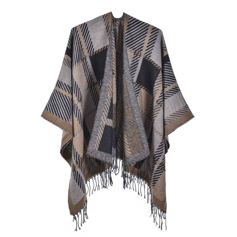 Sciarpa/mantello da donna con spacco e nappe, fantasia a quadri classica, extra large, spessa e calda, lavorata a maglia.
