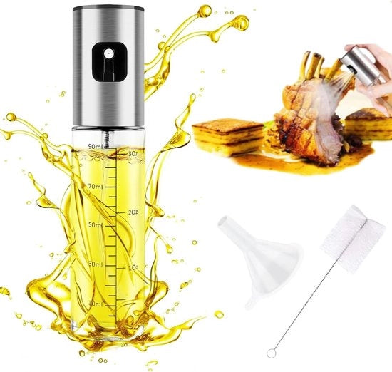 Olioverstuiver per 100 ml con pennello in silicone e pennello per bottiglia, adatto per cucinare, cuocere e grigliare.