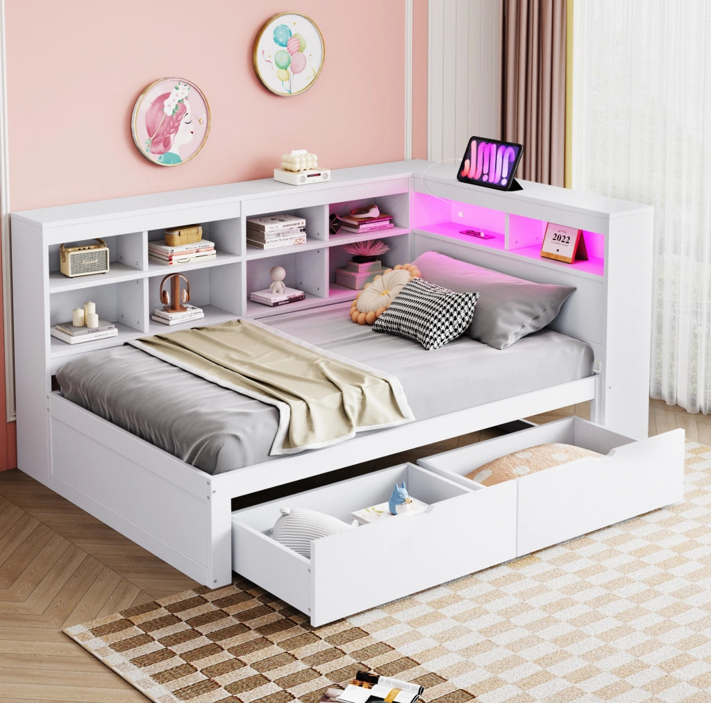 Letto da giorno ULEVR 90x200 cm con cassetti, ripiani, LED multicolore e presa USB, bianco
