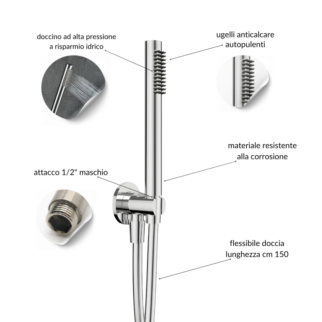 Kit doccia tondo diametro cm 25 doccino flessibile cm 150 pvc ugelli anticalcare *** tipo di accessorio soffione 2 mm...