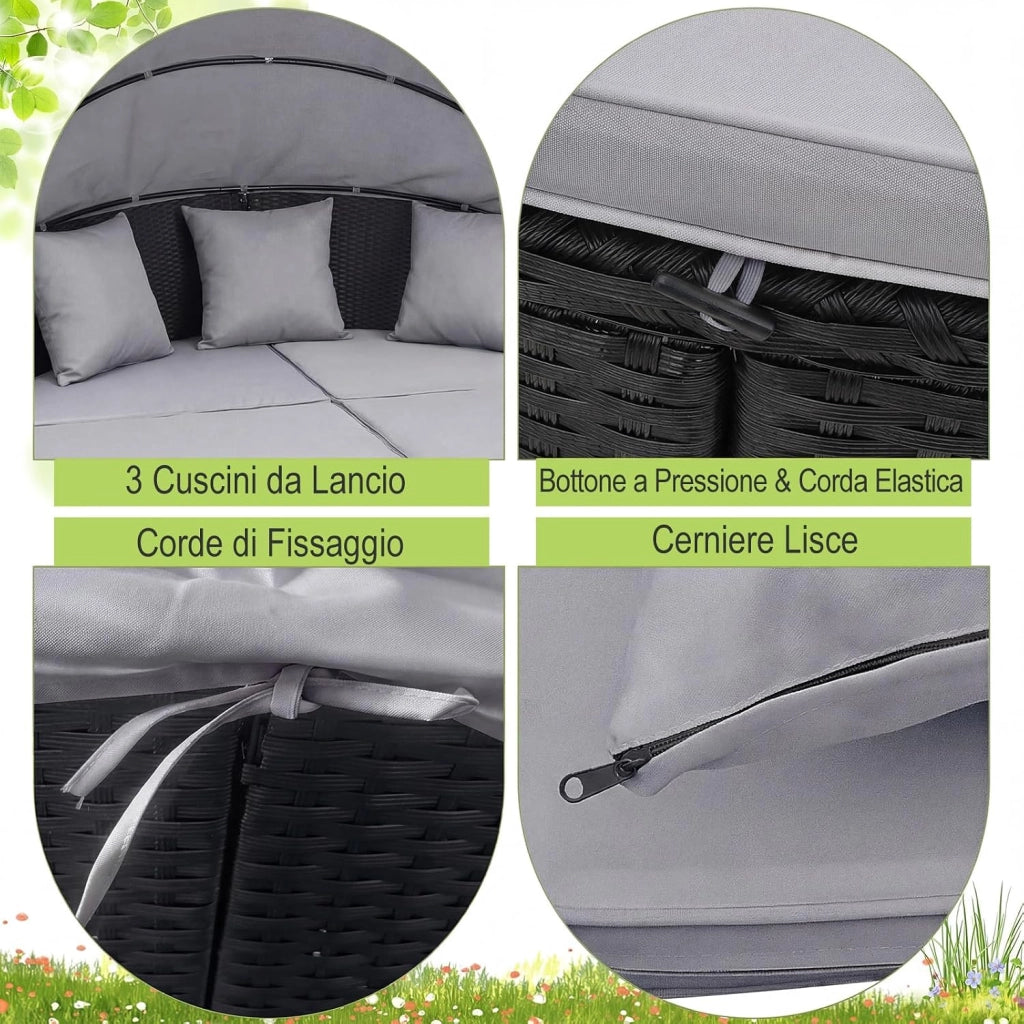2 in 1 Isola Prendisole da Giardino per 2 Persone, Lettino Prendisole in Rattan con Tettuccio Retrattile, Divanetto Letto da Esterno con Cuscini per Terrazzo Balcone, 187x180x157 cm (Grigio)