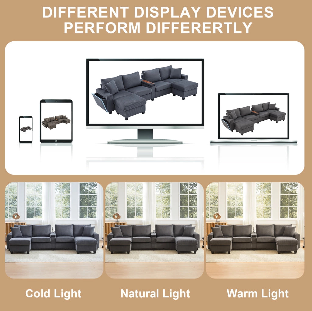 Divano a U ULEVR 334x128,5x81 cm in velluto a coste grigio con 2 pouf contenitore, LED, USB e Type-C