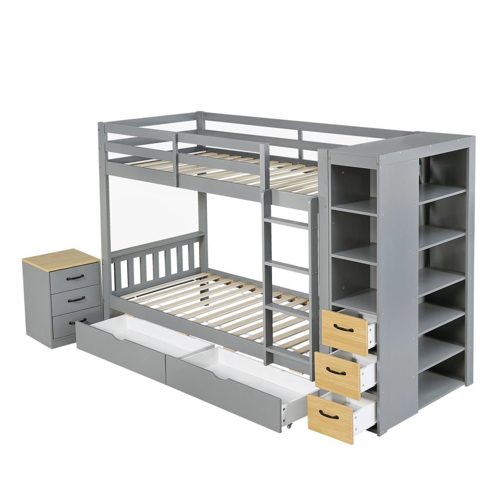 Letto a castello 90x200 cm con cassetti; scaffale laterale e comodino; grigio chiaro e naturale