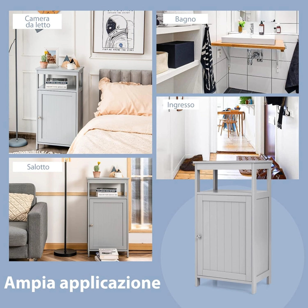 Armadietto del Bagno, Armadio Multifunzionale con Anta Singola e Mensola Regolabile, Organizer Moderno di Legno per Casa Ufficio e Hotel, 45 x 30 x 84 cm (Grigio)