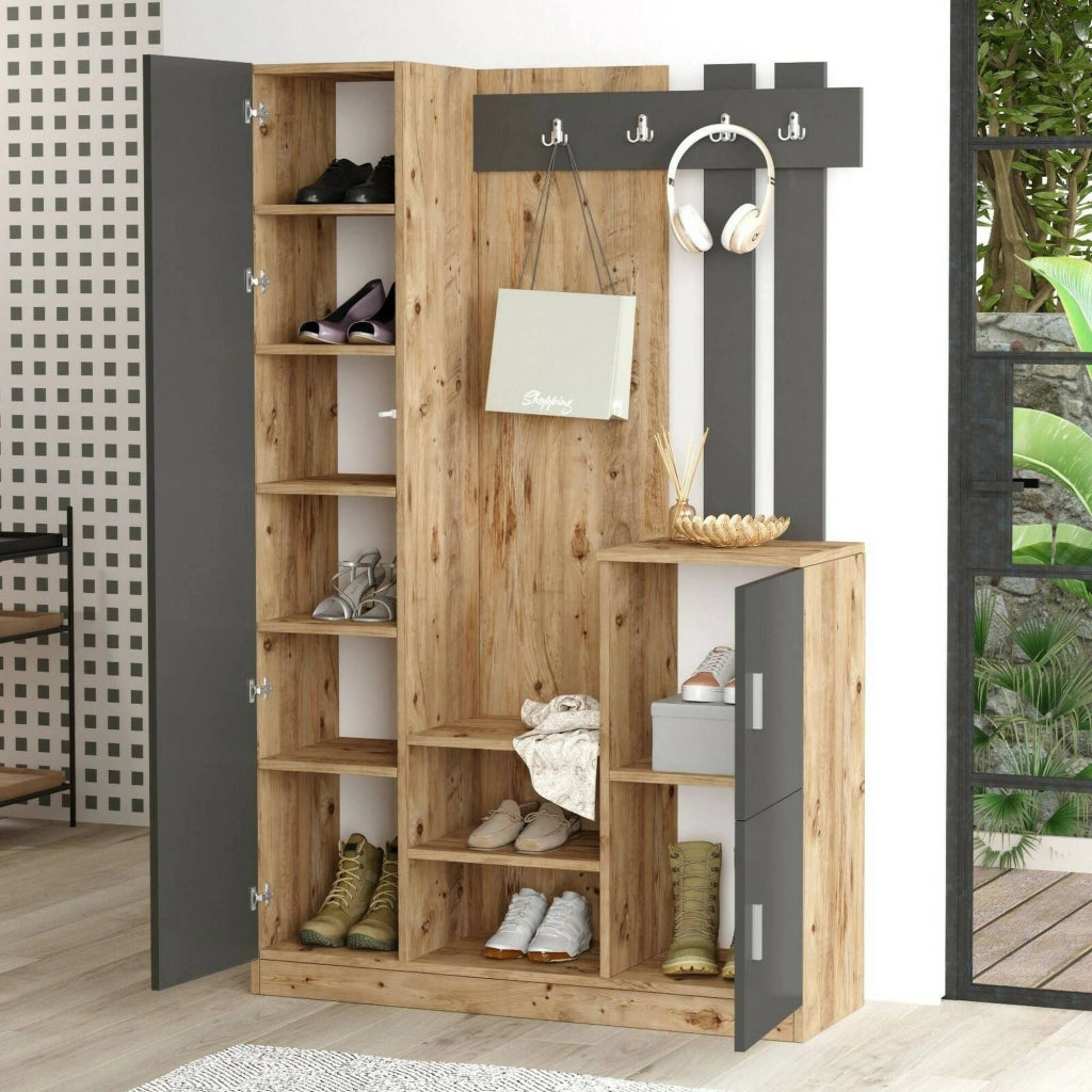 Mobile da ingresso Arco, Entratina appendiabiti, Composizione per atrio, Consolle portaoggetti multifunzione, 114x38h180 cm, Quercia e Antracite