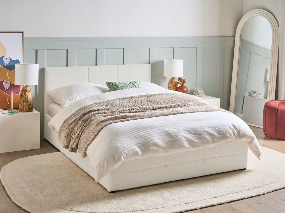 Letto ottomano bianco sporco bouclé 140x200 cm con testiera sollevabile e base a doghe Design moderno