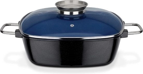 Bollitore - Adatto per Induzione - Quadrato con Coperchio in Vetro Aromaterapia - 5 Litri - Alluminio Fuso - Ceramica - Nero - Blu Cobalto