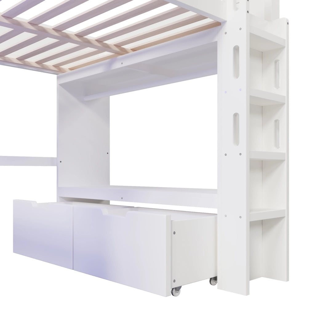 LETTO A SOPPALCO con scrivania 140x200 cm in pino bianco con LED, USB, Type-C e 2 cassetti