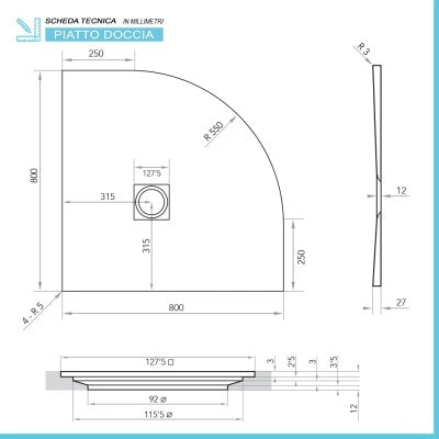Piatto doccia semicircolare 80x80 grigio riducibile su misura Ten