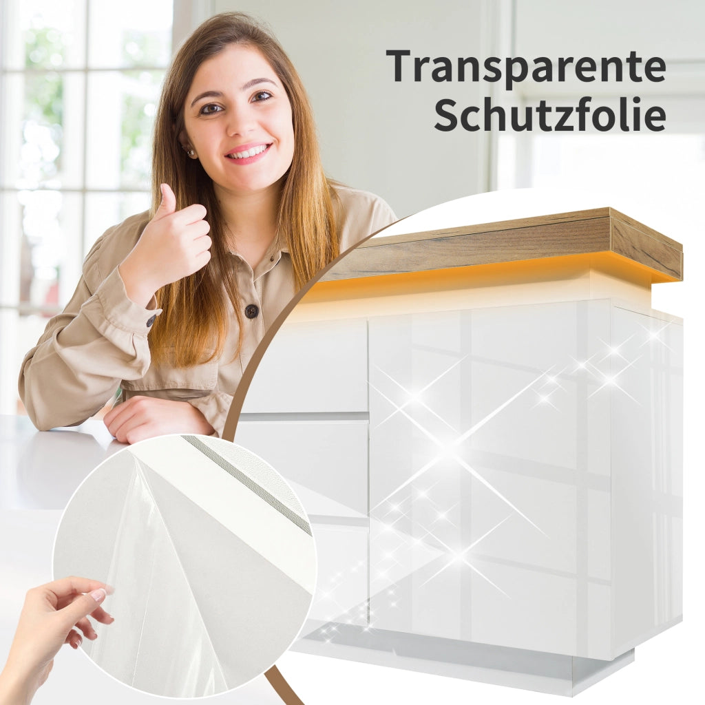 OKWISH Comò Credenza con 2 Ante e 3 Cassetti, LED e Ripiani Regolabili, per Soggiorno o Camera, Pannello di Particelle, 140 x 39 x 81 cm