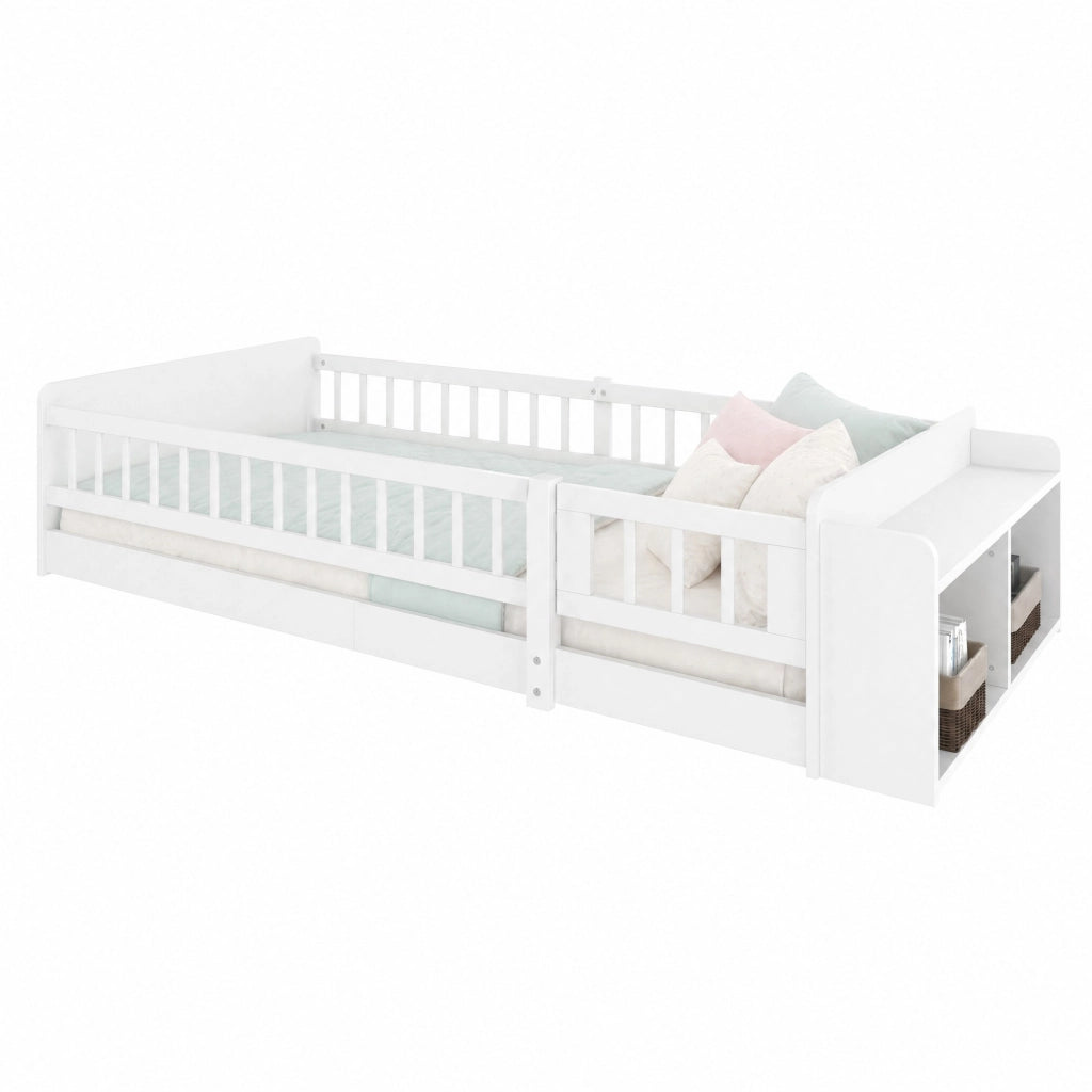 Letto per bambini in pino bianco 90x200 cm con contenitore aperto e scaffali, senza materasso