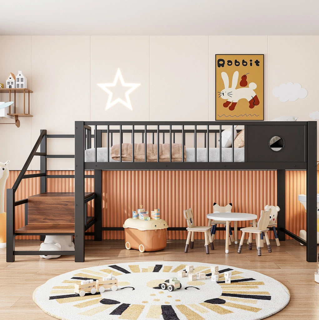 Letto a soppalco basso per bambini 90x200 cm in metallo; nero; con scala e spazio sotto