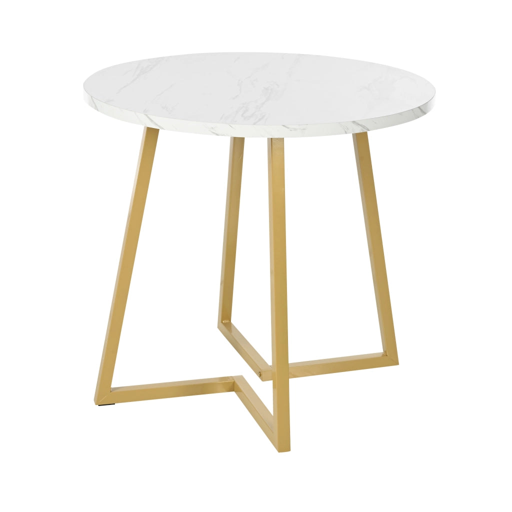 Tavolo da pranzo rotondo in MDF con effetto marmo, base in metallo, per cucina e soggiorno, bianco, 80 × 75 cm