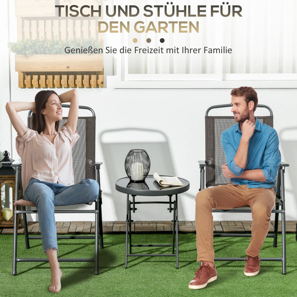 Set bistrot in metallo a 3 pezzi: resistente; tavolo pieghevole in vetro + sedie; marrone