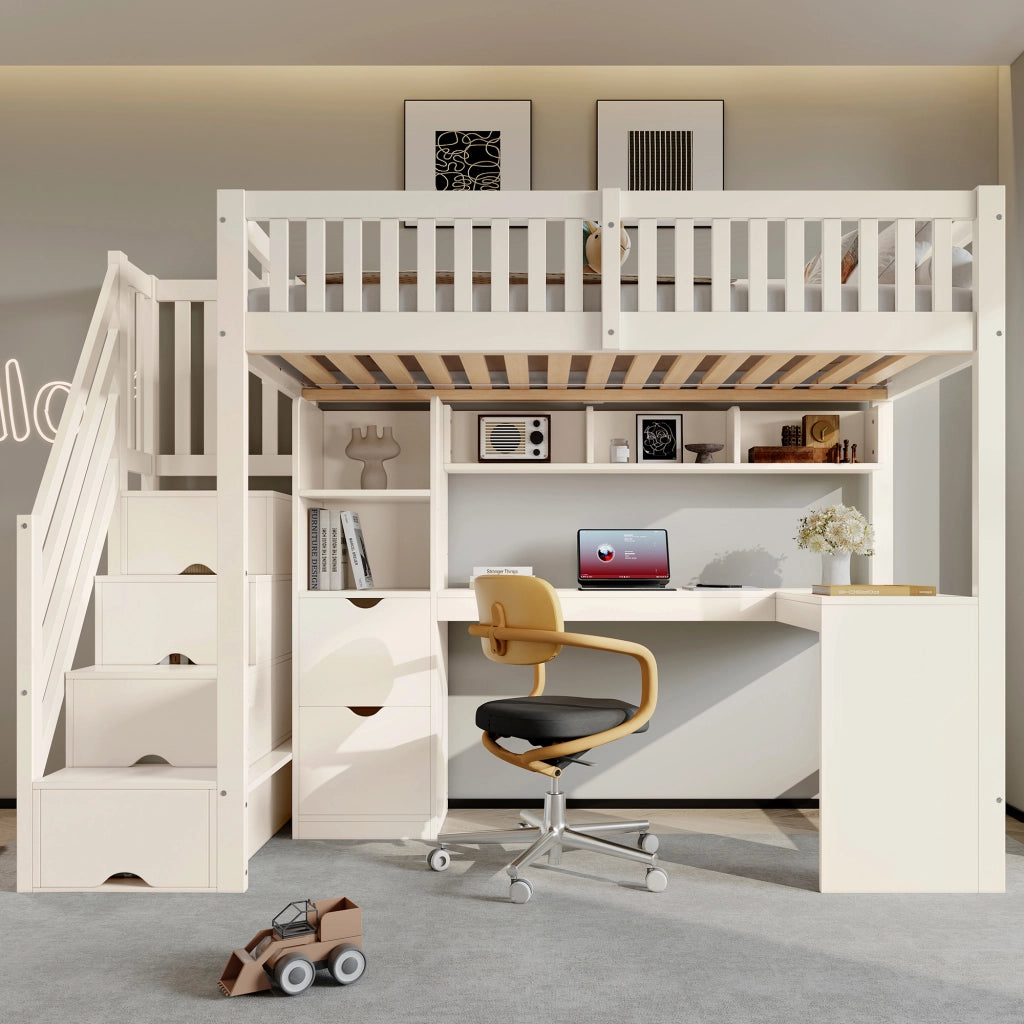Letto a soppalco per bambini 90 × 200 cm con scala-armadio, scrivania ad angolo, senza materasso, bianco