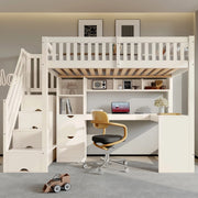 Letto a soppalco per bambini 90 × 200 cm con scala-armadio, scrivania ad angolo, senza materasso, bianco