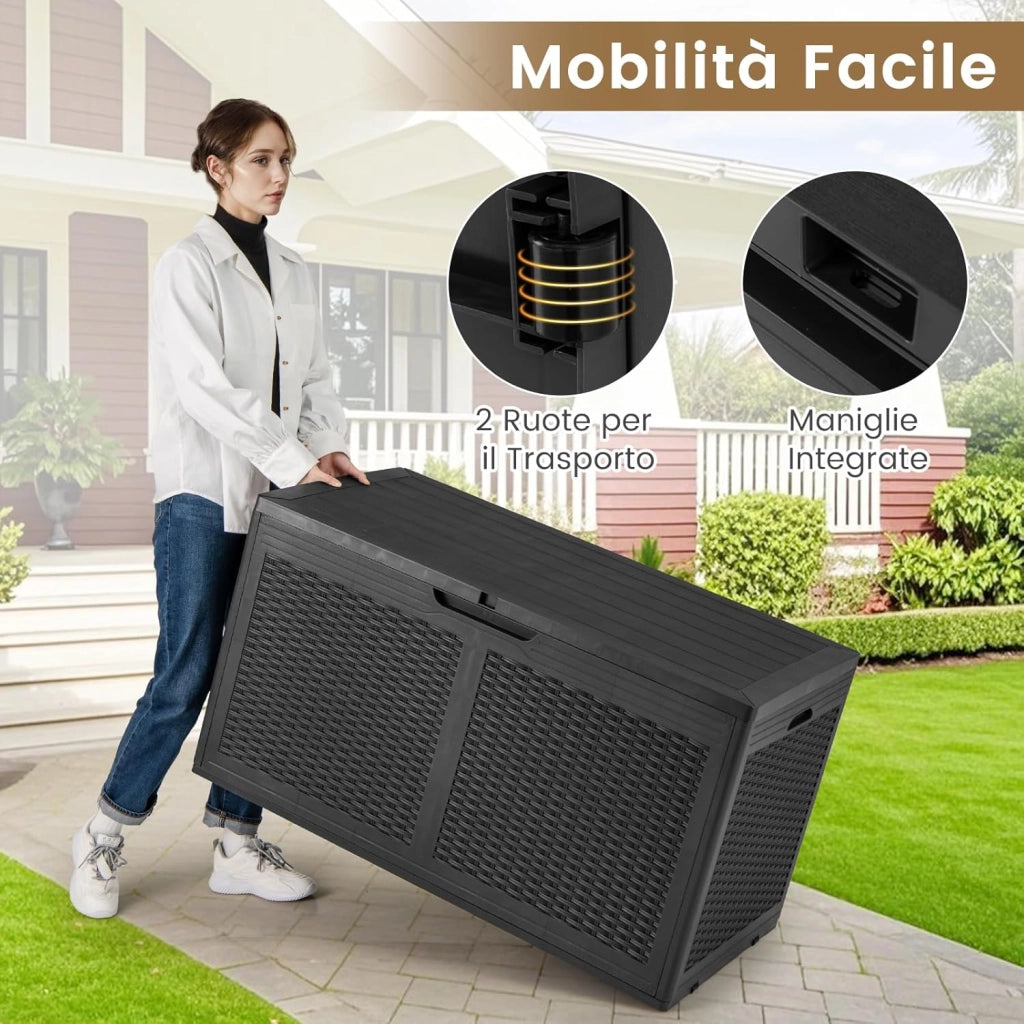 Baule da Esterno 380 L, Cassapanca Contenitore Impermeabile in Effetto Rattan con Coperchio Bloccabile e Ruote, Baule Salvaspazio per Mantenere Cuscini e Attrezzi da Interno e Esterno (Nero)