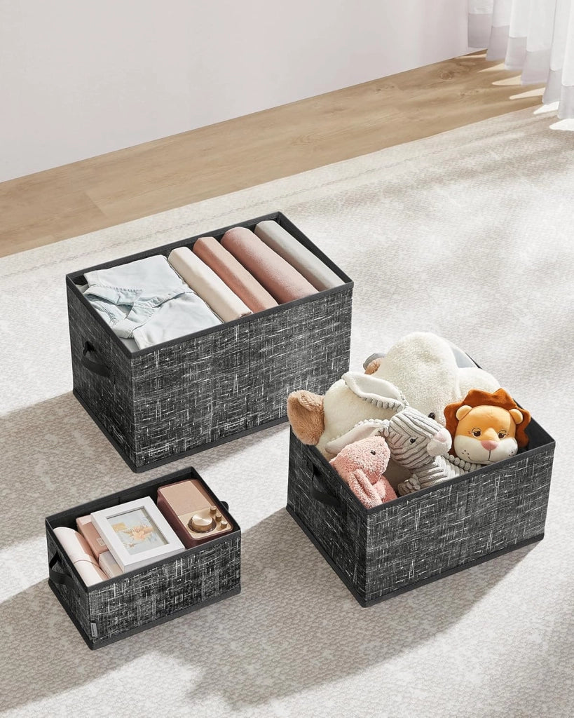 SONGMICS Scatole portaoggetti ROB440B01: Organizzatori di spogliatoio pieghevoli in tessuto non tessuto e PP, 3 unità da 40 x 30 x 24 cm, 29 litri, Nero Inchiostro
