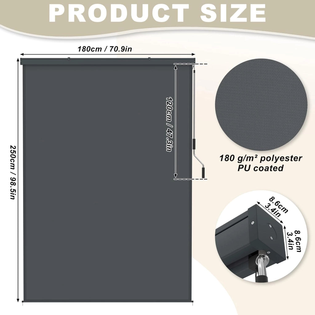 Tenda a rullo verticale per esterni, 180 x 250 cm, resistente alle intemperie, protezione solare, manovella, tenda per balcone e giardino