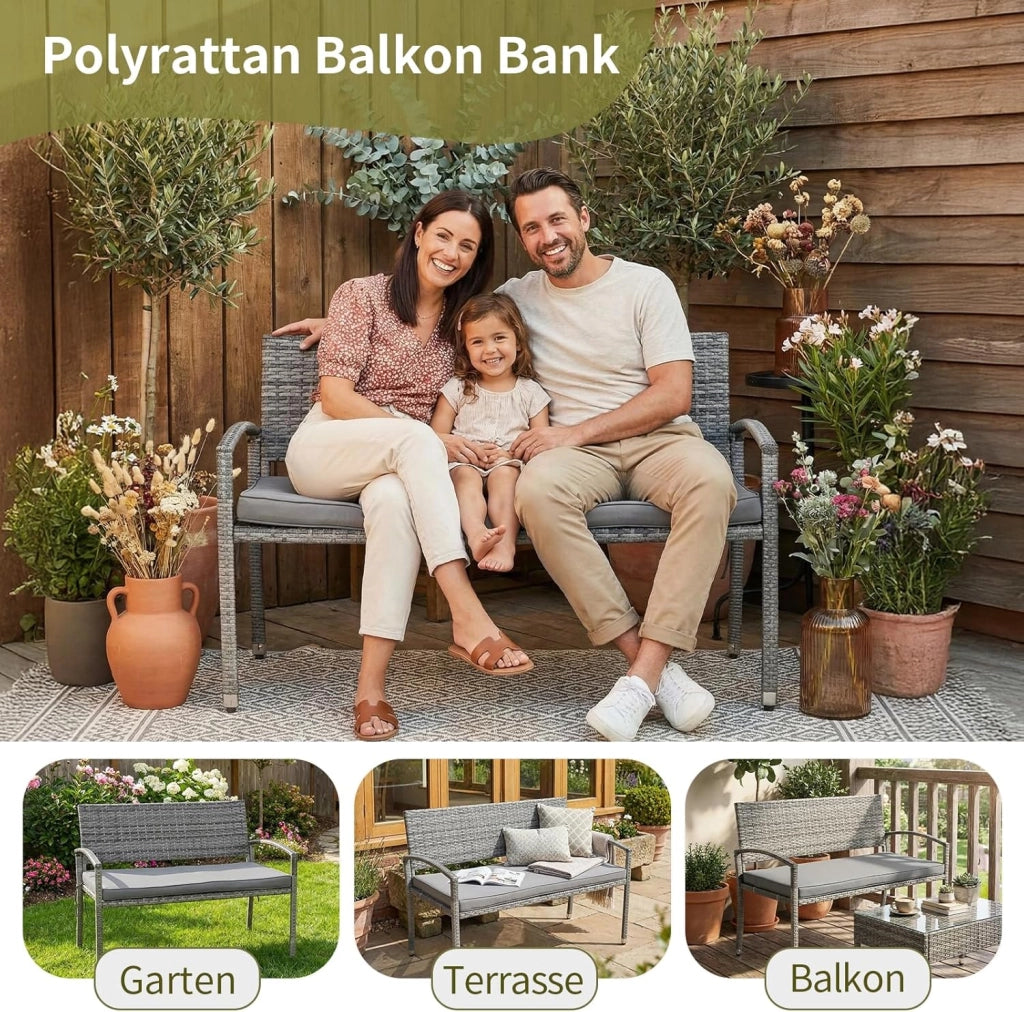 Panca da giardino, resistente alle intemperie, con cuscino, 2 posti, in polyrattan, portata 320 kg, accogliente mobili da giardino per esterni, 122 x 60 x 90 cm, per balconi, giardini