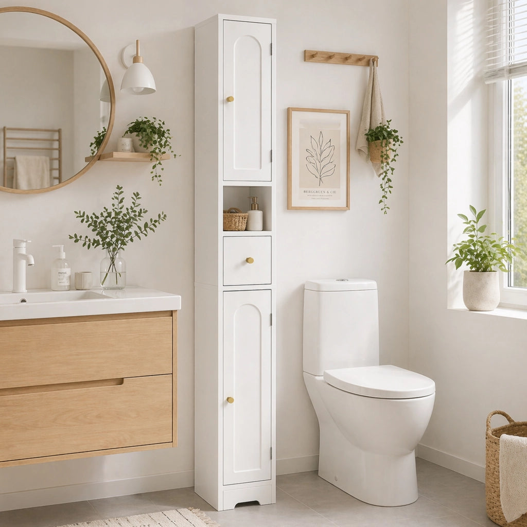 Mobile bagno salvaspazio ¨C Xylo ¨C bianco, cassetto e ante, 20x20x185 cm