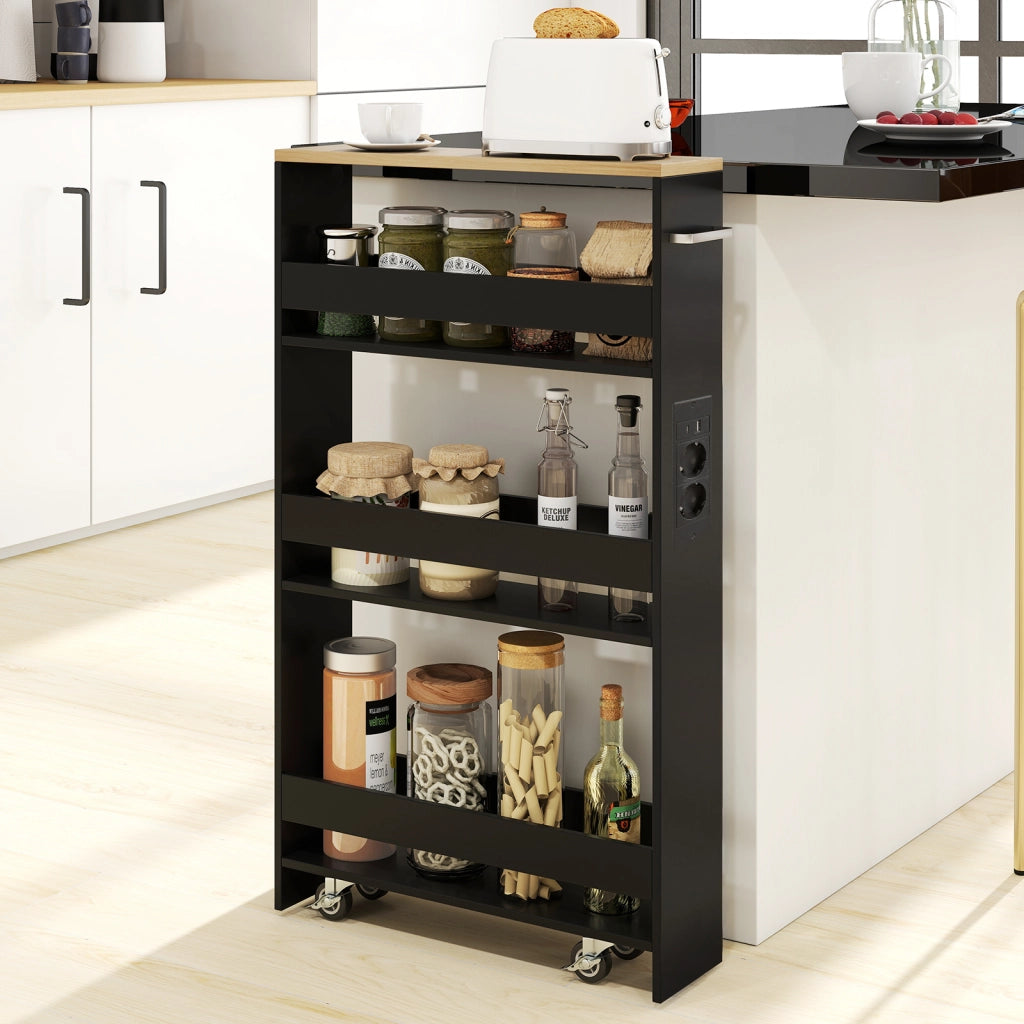 Carrello da cucina 4 ripiani con stazione di ricarica maniglia e parapetti-Scaffale stretto a sfilo con ruote bloccabili per cucina  Nero e naturale