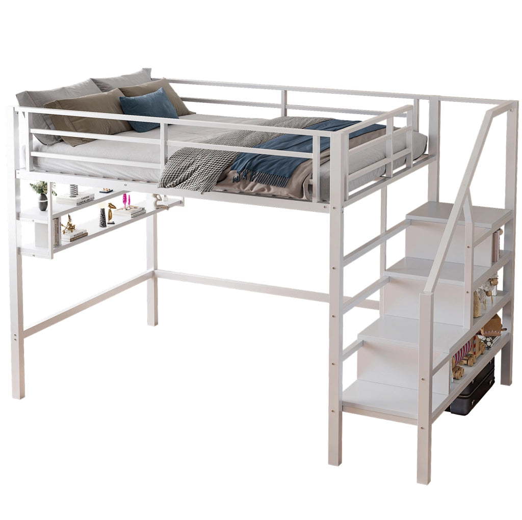 Letto a castello 140x200 cm con scaffali e scala contenitore; metallo; bianco (Senza materasso)
