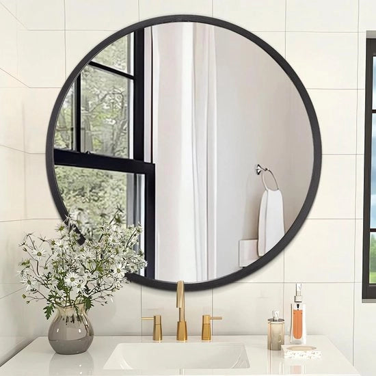 Specchio da parete rotondo con telaio metallico semplice, specchio da parete rotondo moderno, specchio da bagno rotondo, 20 pollici, specchio da bagno circolare nero per bagno, corridoio, soggiorno