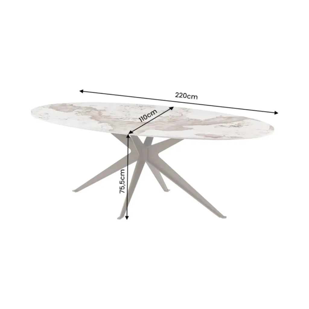 Tavolo da pranzo AVELIS ovale 220 cm in ceramica effetto marmo bianco e metallo bronzo