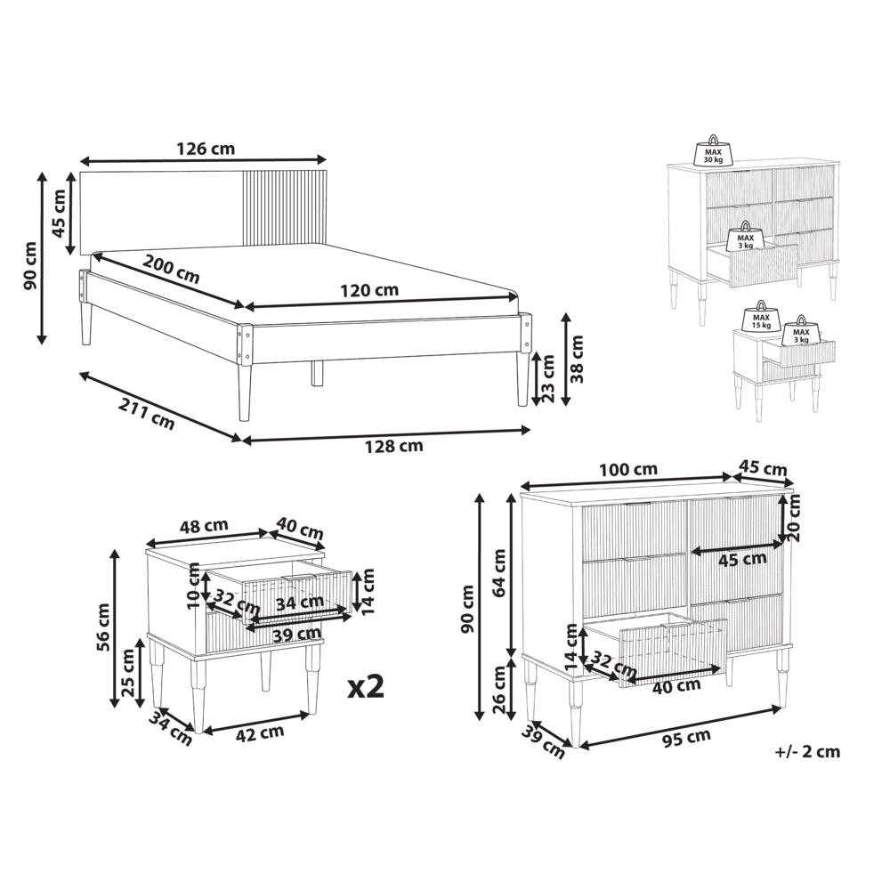 Set da camera da letto in legno di pino con letto matrimoniale 2 comodini e cassettiera a 6 cassetti 120 x 200 cm marrone chiaro stile scandinavo