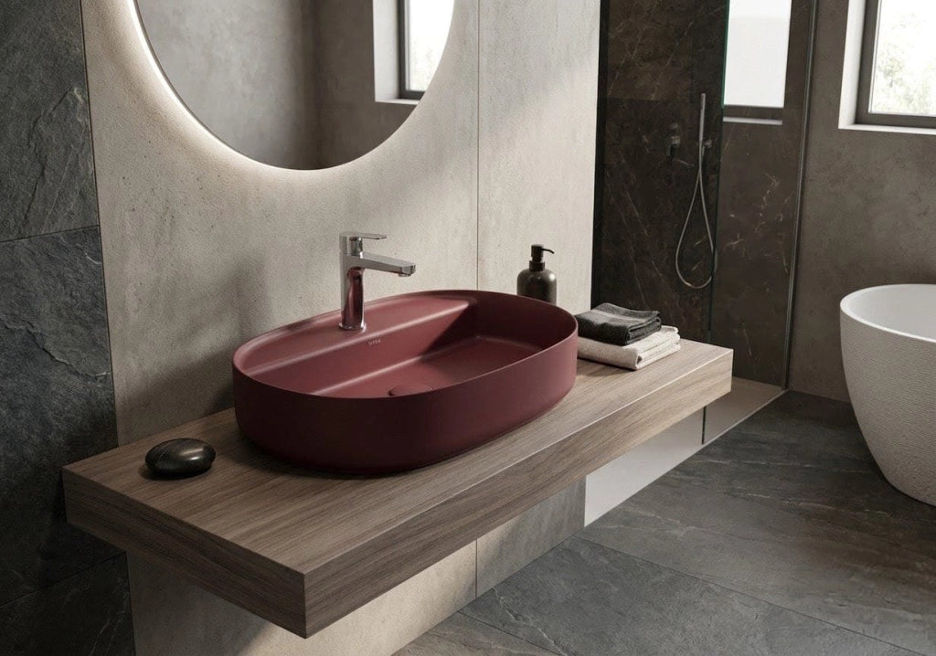 Lavabo ovale da appoggio senza troppo pieno in ceramica con foro rubinetto - Bordeaux Opaco