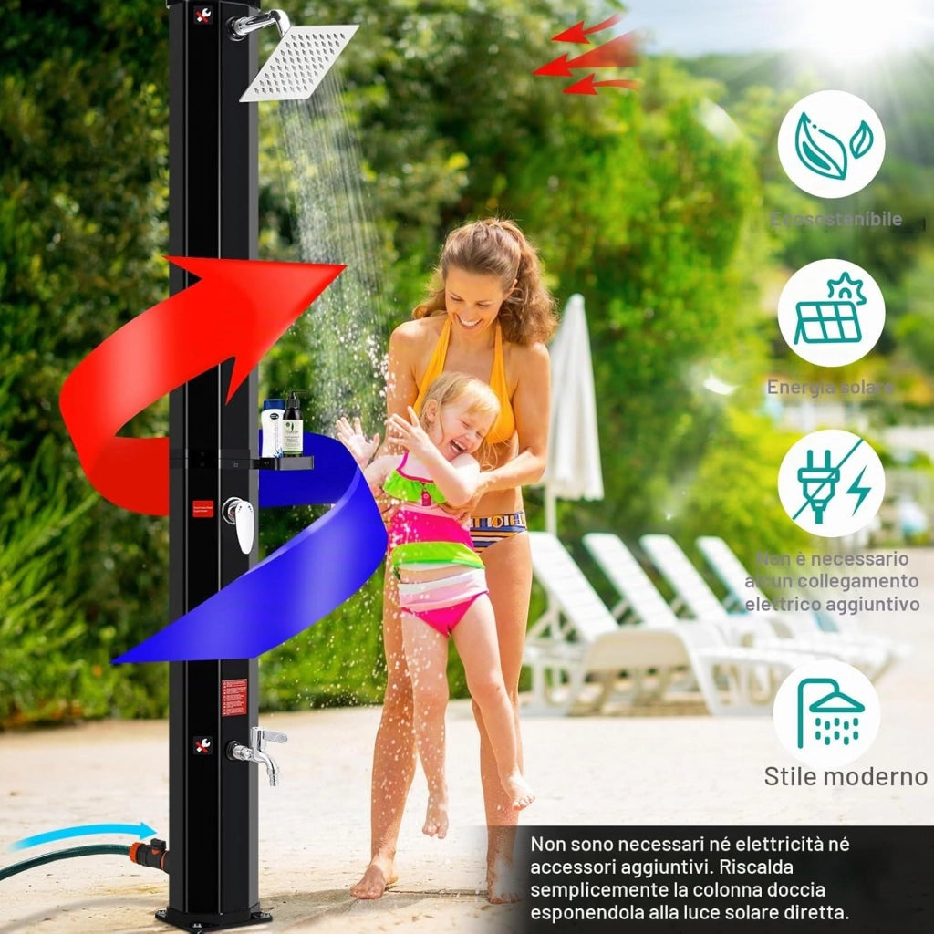 Doccia Solare 60 L, Doccia Solare da Giardino, con Soffione, Rubinetto, Scatola di Sapone e Custodia Protettiva, Acqua Calda fino a 60 °C, Attacco per Tubo da Giardino, Doccia per Piscina e Campeggio