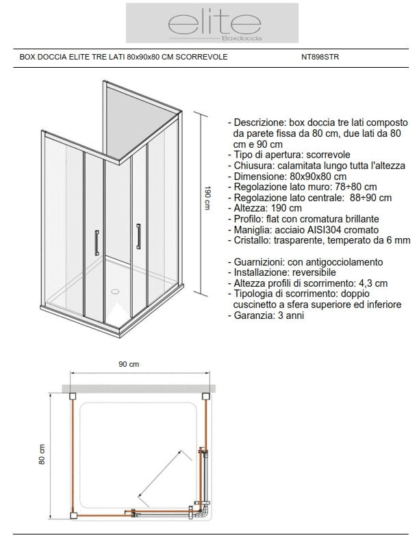 Box Doccia Elite Tre Lati 80x90x80 Cm Scorrevole Trasparente