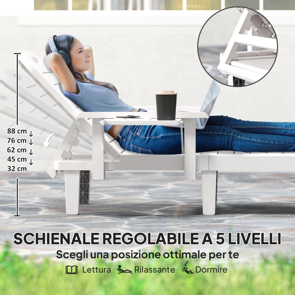 Set 2 Sdraio da Giardino Regolabili con Tavolino e Braccioli, in Polipropilene, 79x158x88 cm, Bianco