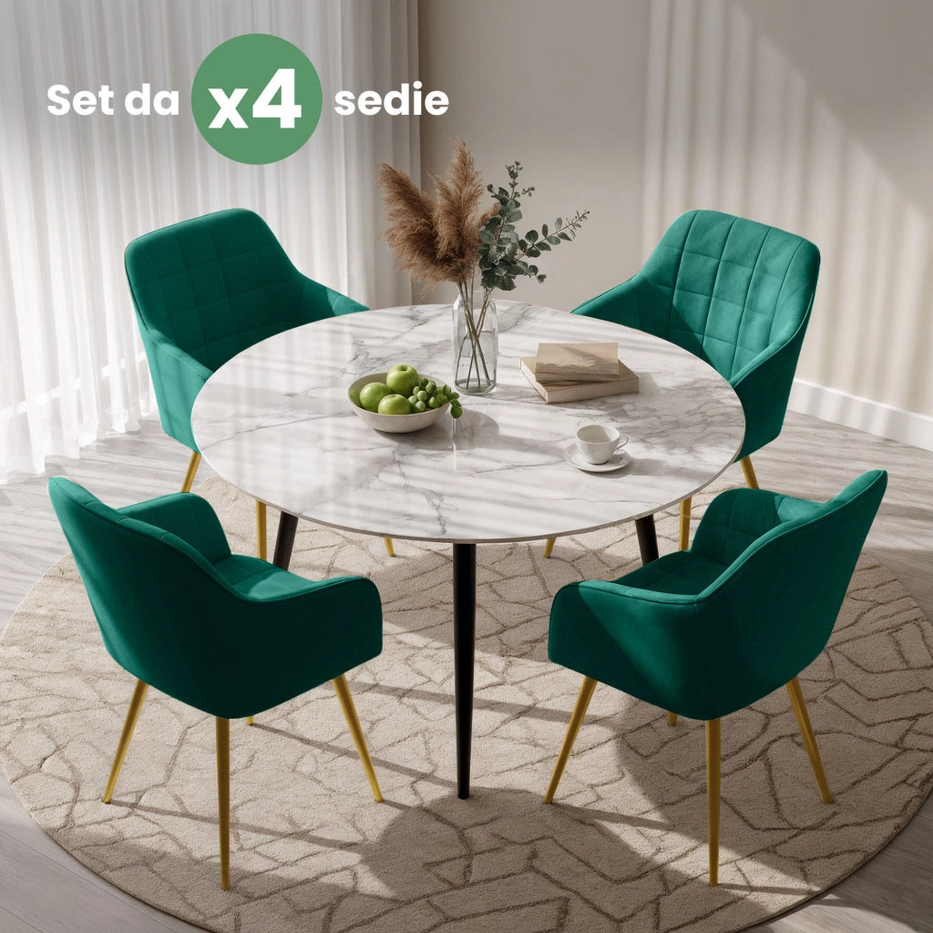 Set di 4 Sedie imbottite con cuciture quadrate LUXANO Verde Bottiglia gambe oro