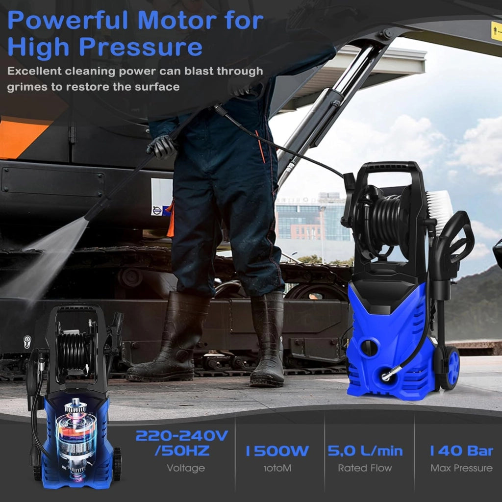 Pulitore ad alta pressione 1500 W, pulitore elettrico 140 bar, 5 l/min, con ugelli, raccordo ingresso acqua, vasetto da bucato, spazzola cavo elettrico 5 m, per auto, terrazza, parete (blu+nero)