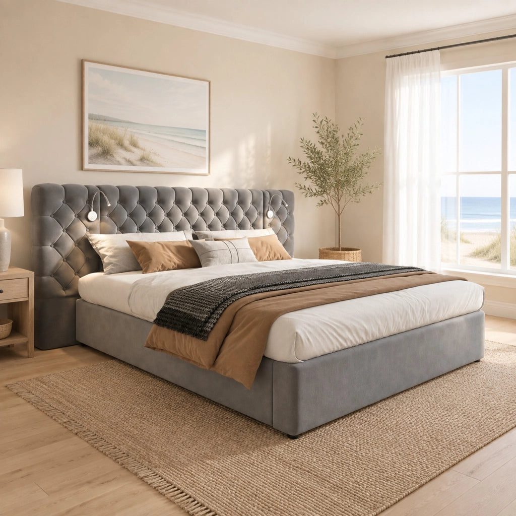 Letto matrimoniale 180x200 cm in velluto grigio con rete a doghe, contenitore idraulico e luce da lettura