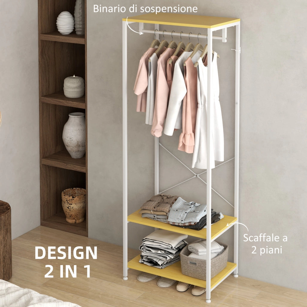 Mobile Appendiabiti 2 in 1 con Ripiano a 2 Livelli, in Acciaio e Truciolato, 60x40x167.5 cm