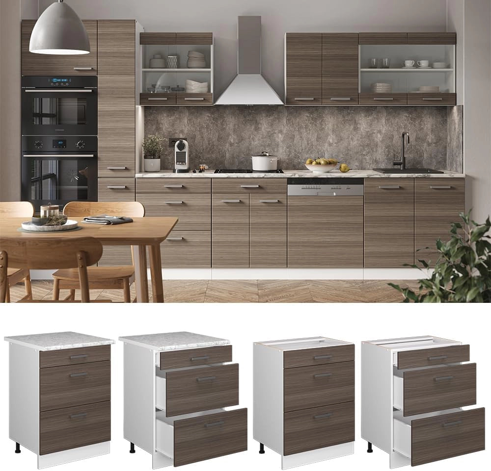Mobiletto base per cucina R-Line, Grigio nobile, 60 cm con cassetti, senza piano di lavoro, per la libera combinazione all'interno di sistemi cucina modulari