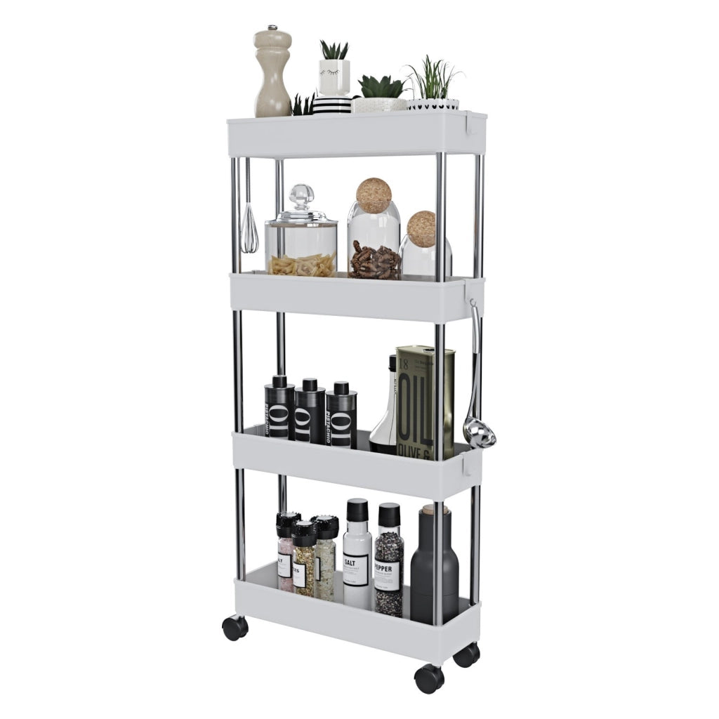 Carrello Portaoggetti A 4 Ripiani Mobile Salvaspazio In Plastica Con Ruote Struttura In Acciaio Per Spazi Ridotti Cucina Bagno Lavanderia Camera Da Letto Salotto Studio 40 x 13 x 85 Cm Bianco