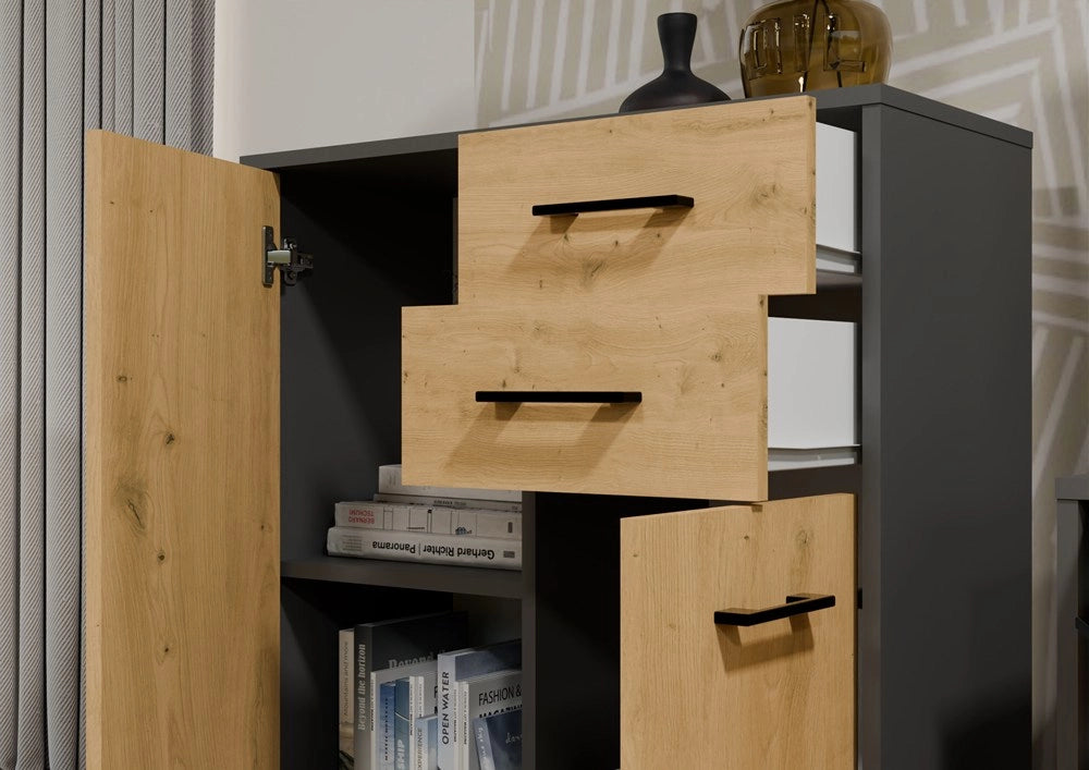 Cassettiera simplo 2d2s mobile 2 cassetti 2 ante per soggiorno antracite rovere artisan