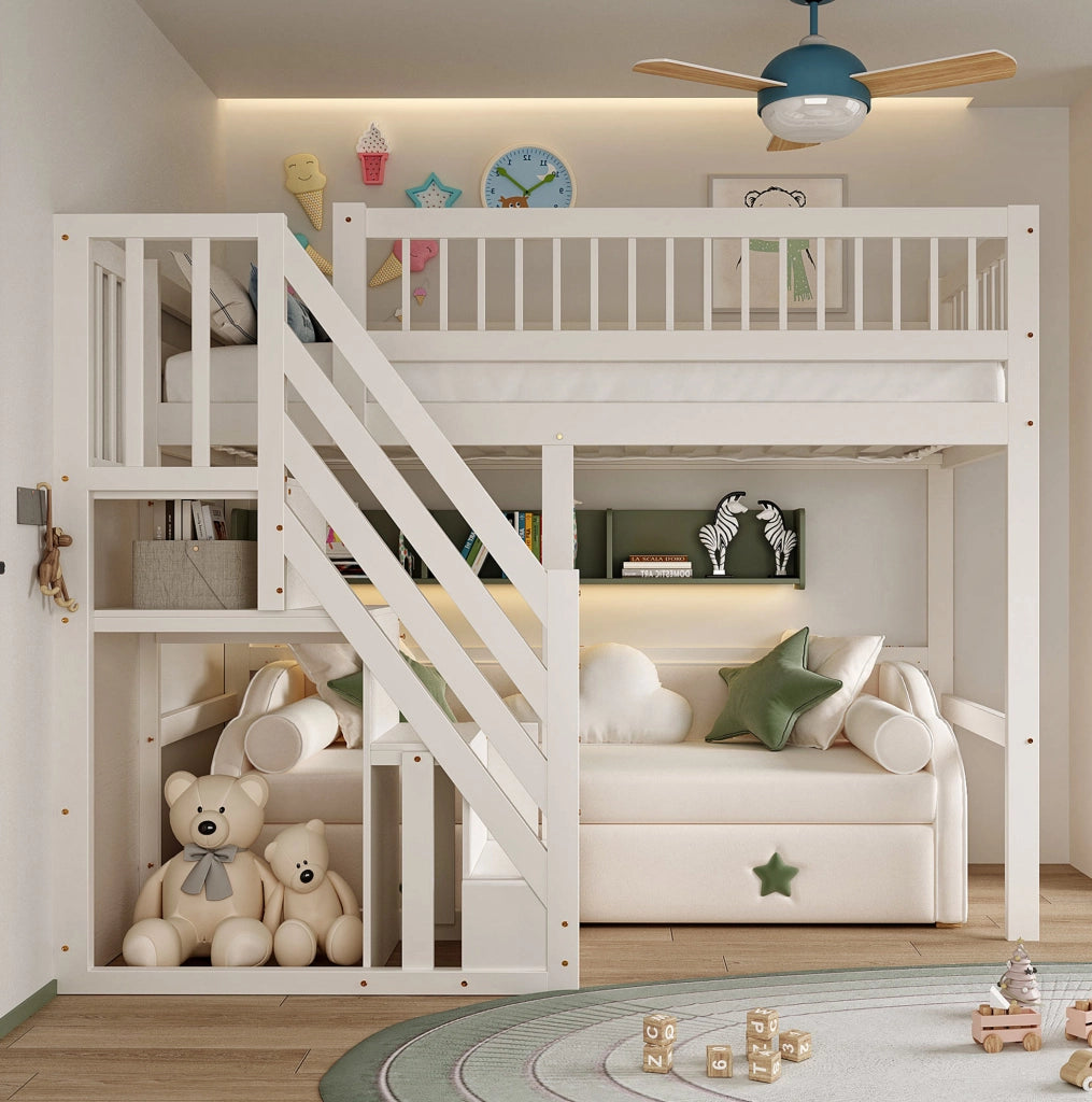 Letto singolo 90x200 cm; scala con contenitore; legno; bianco (Senza materasso)
